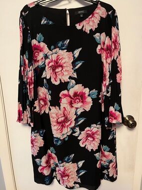 Isaac Mizrahi Black Floral Asymmetrical Dress with Pink & Blue Blooms